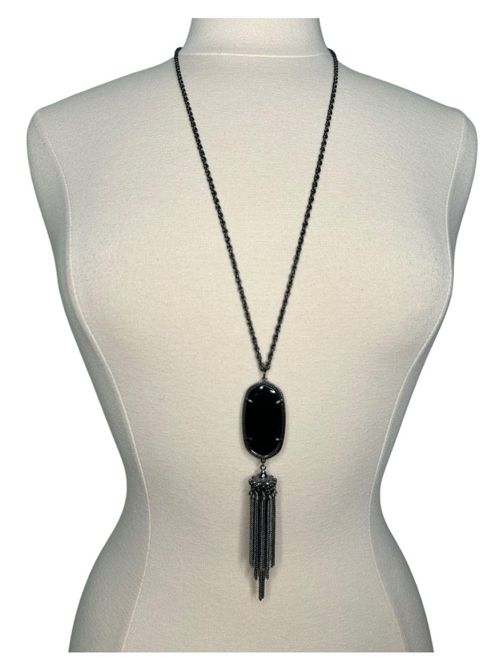 Kendra Scott Rayne Long Pendant Tassel Necklace Gunmetal Black Stone